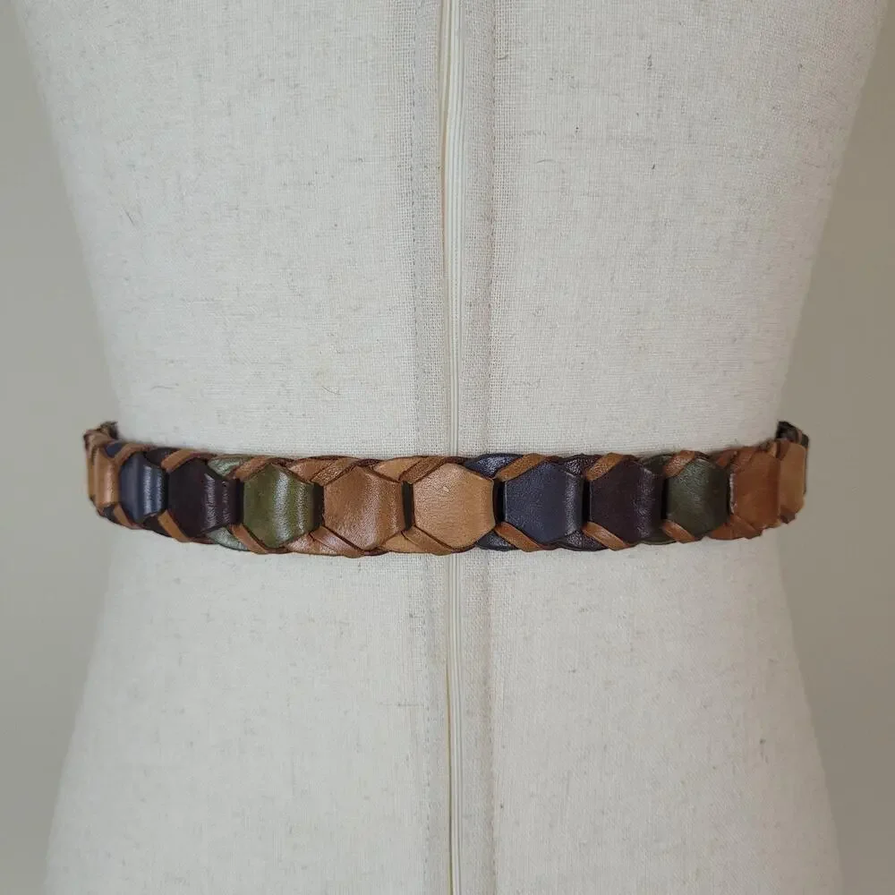 Colorful Leather‎ Belt XL Brown Blue Braided Woven Boho Vintage 80s Festival